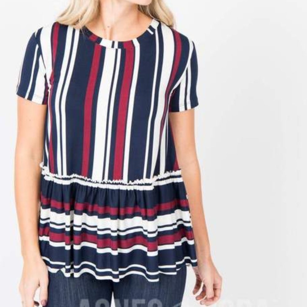 Agnes & Dora NWT Relaxed Ruffle Tee Navy Burgundy Stripe size XS